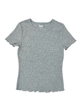 SO Womens S Ribbed T-Shirt Short Sleeve Gray Lettuce Trim Ruffle Hem Stretch
